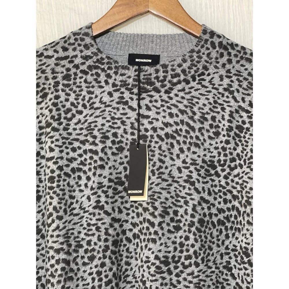 MONROW Mini Leopard Mock Neck Sweater M Gray Black Cotton Cashmere NWT - Picture 6 of 8